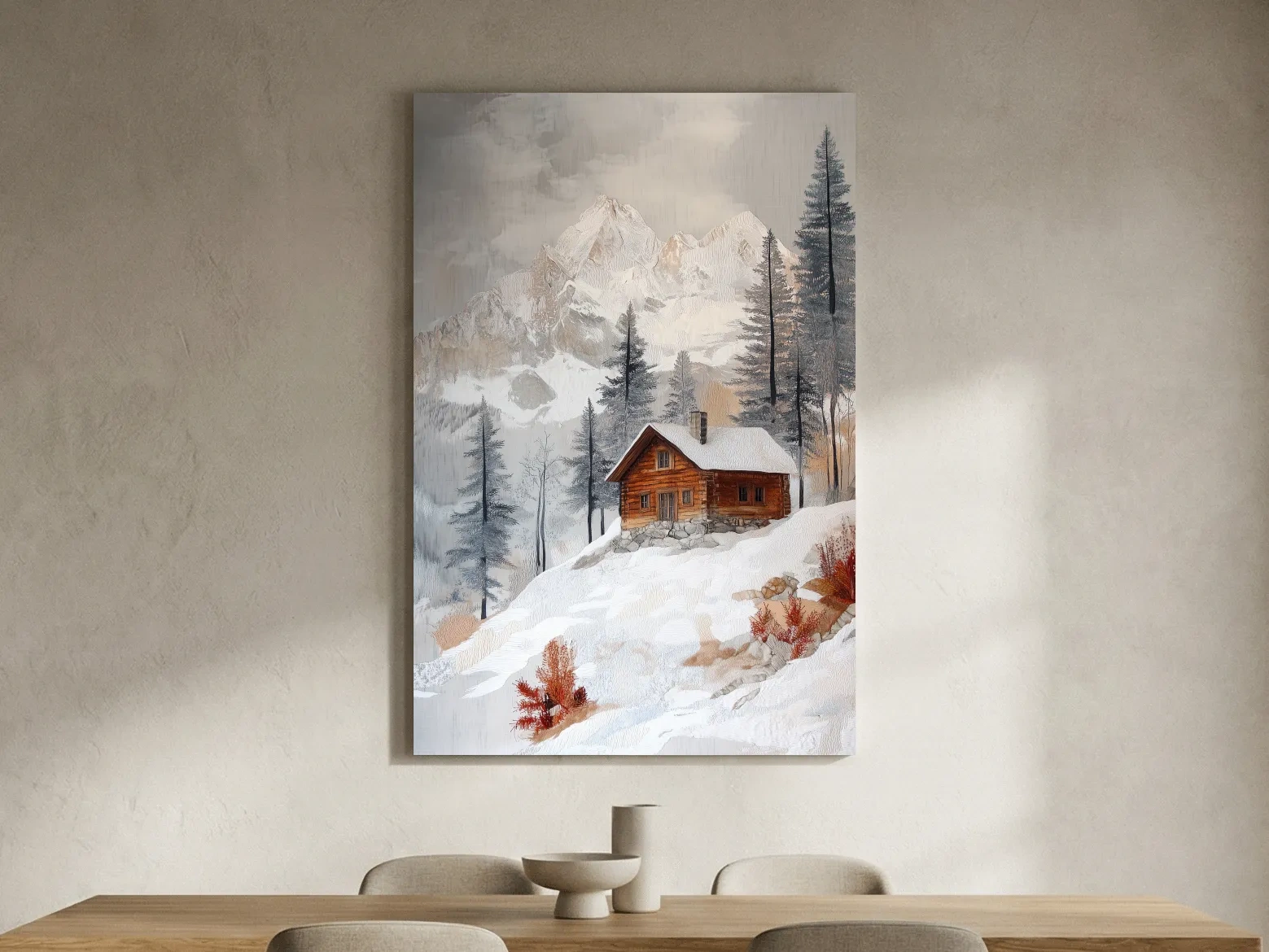 Snowy Mountain Cabin Landscape Painting - Rustic Winter Wilderness Wall Art