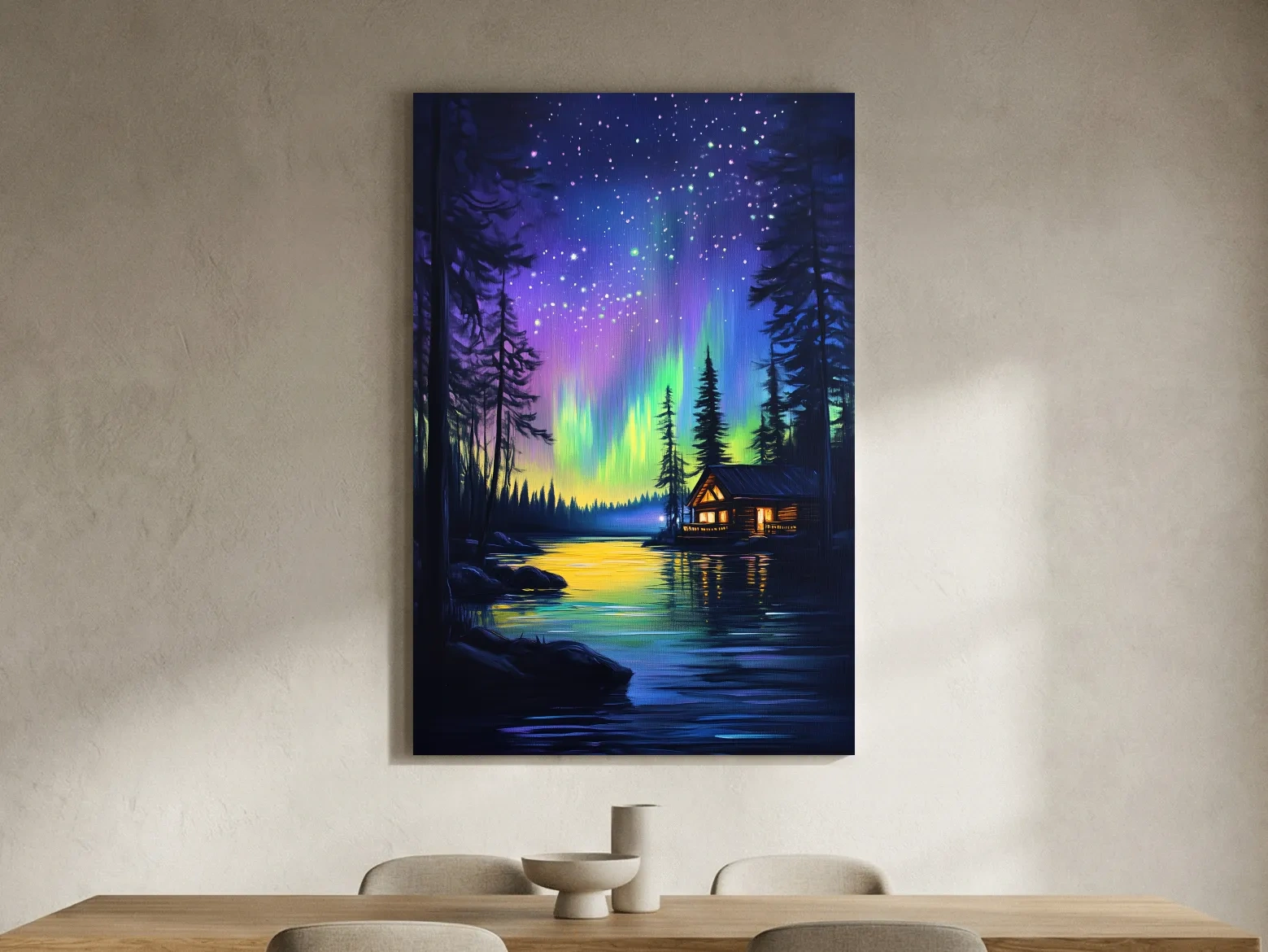 Vibrant Northern Lights Lakeside Cabin Painting - Aurora Borealis Night Landscape Wall Art