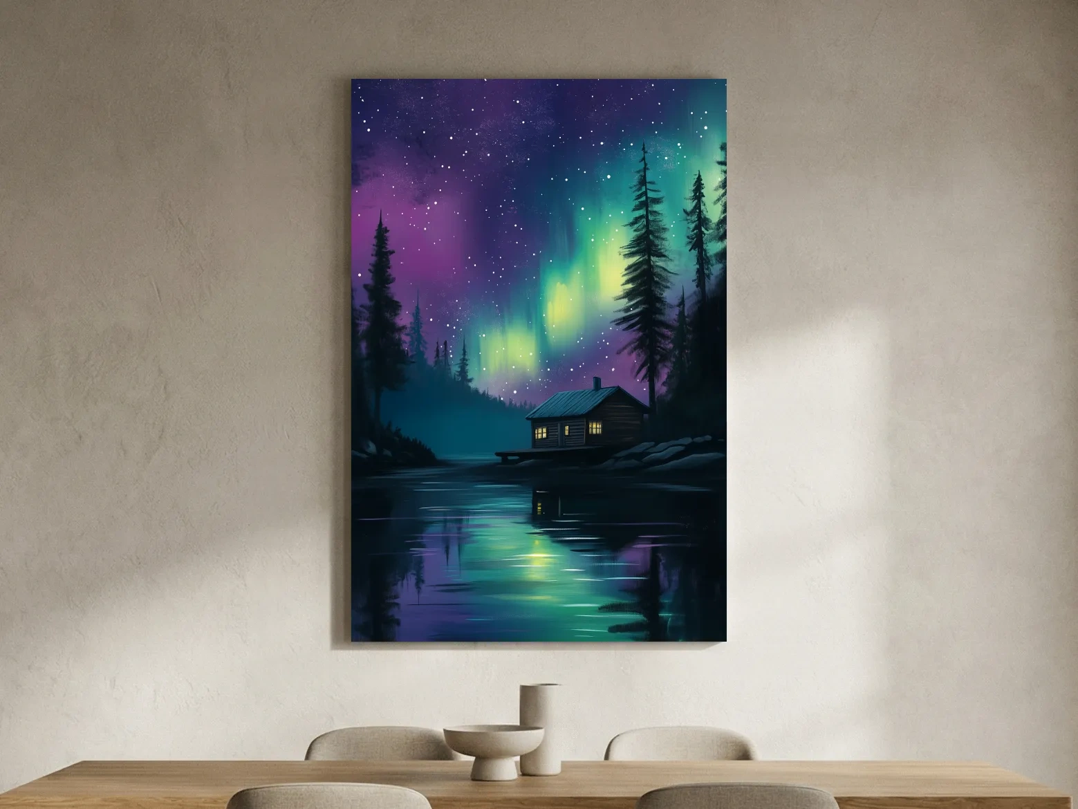 Aurora Borealis Lake Cabin Painting - Northern Lights Wall Art