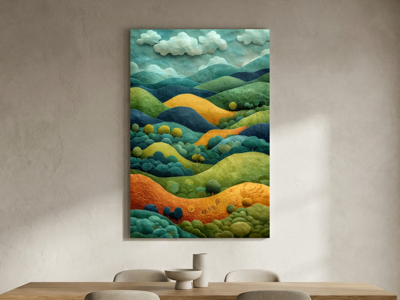 3D Layered Paper Cut Style Mountain Artwork - Whimsical Surreal Landscape Wall Art