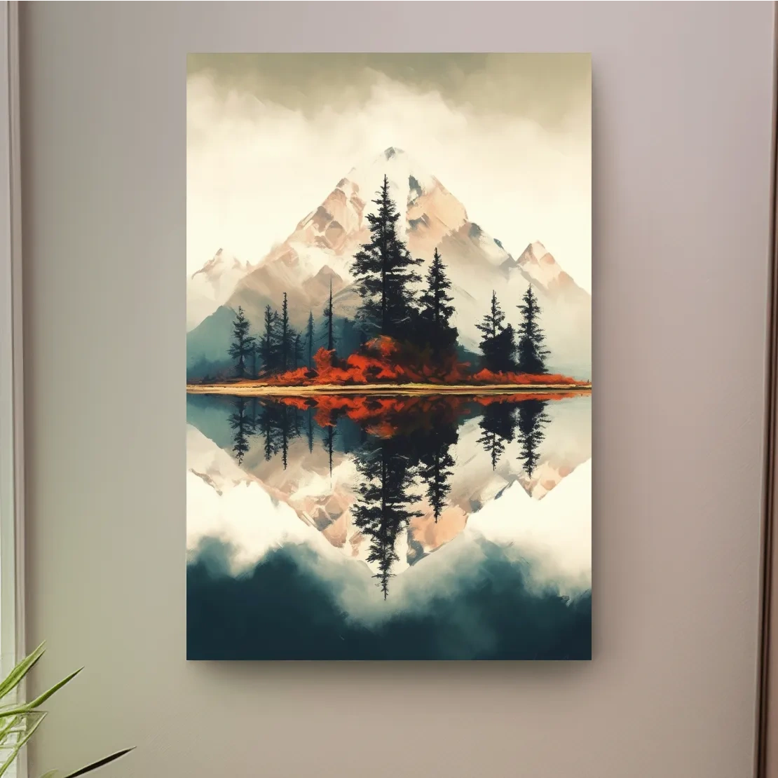 Minimal mountain art, trees by an alpine lake
