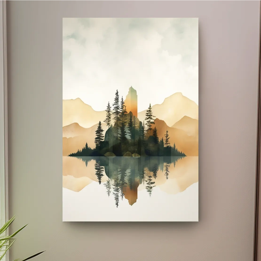 Alpine Mountain Lake Reflection Watercolor - Serene Pine Forest Wall Art