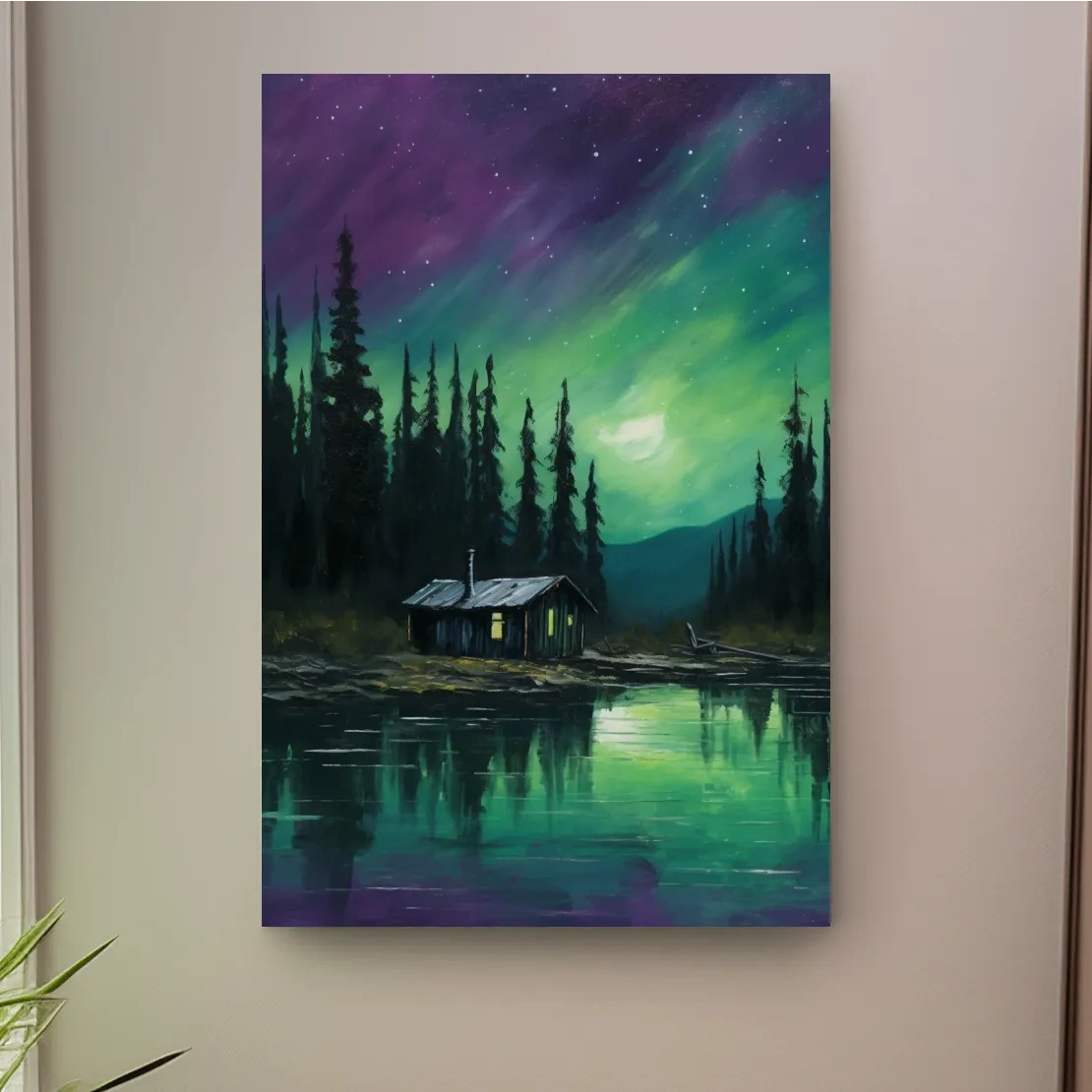 Painting of cabin by a lake under the northern lights night sky