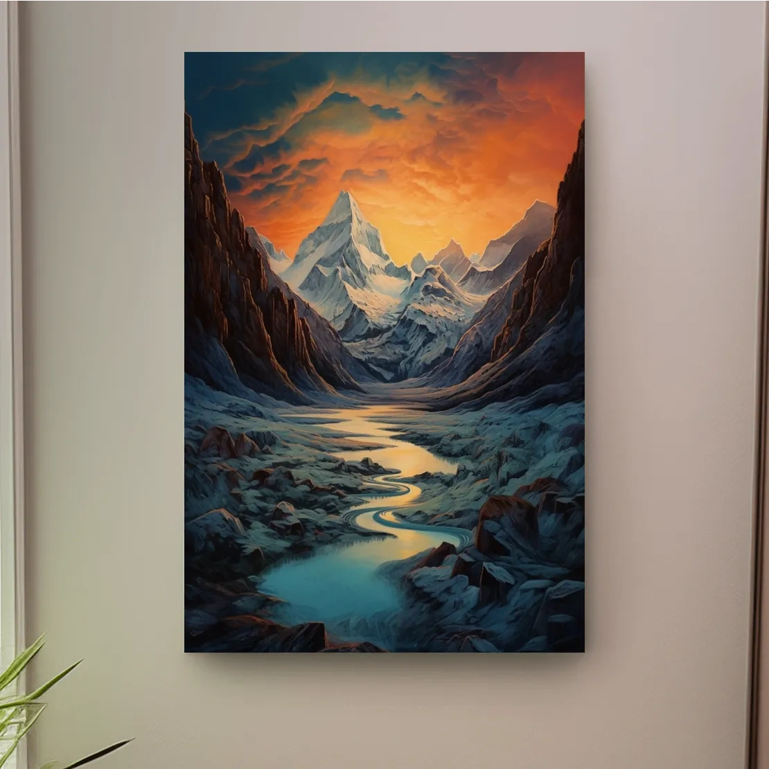 Oil painting of a glacier at sunset