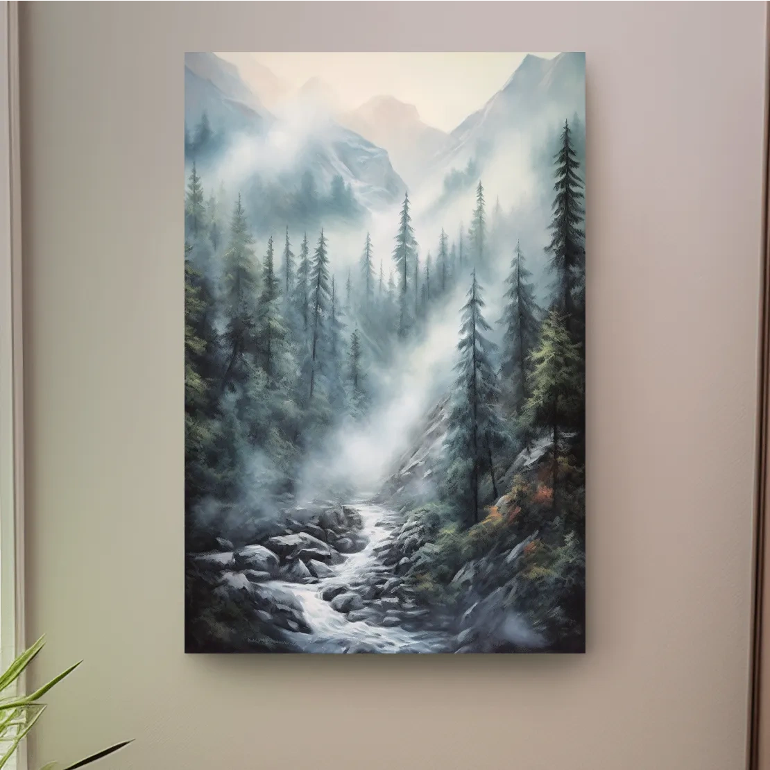 Misty Alpine Pine Forest River Painting - Moody Mountain Landscape Wall Art
