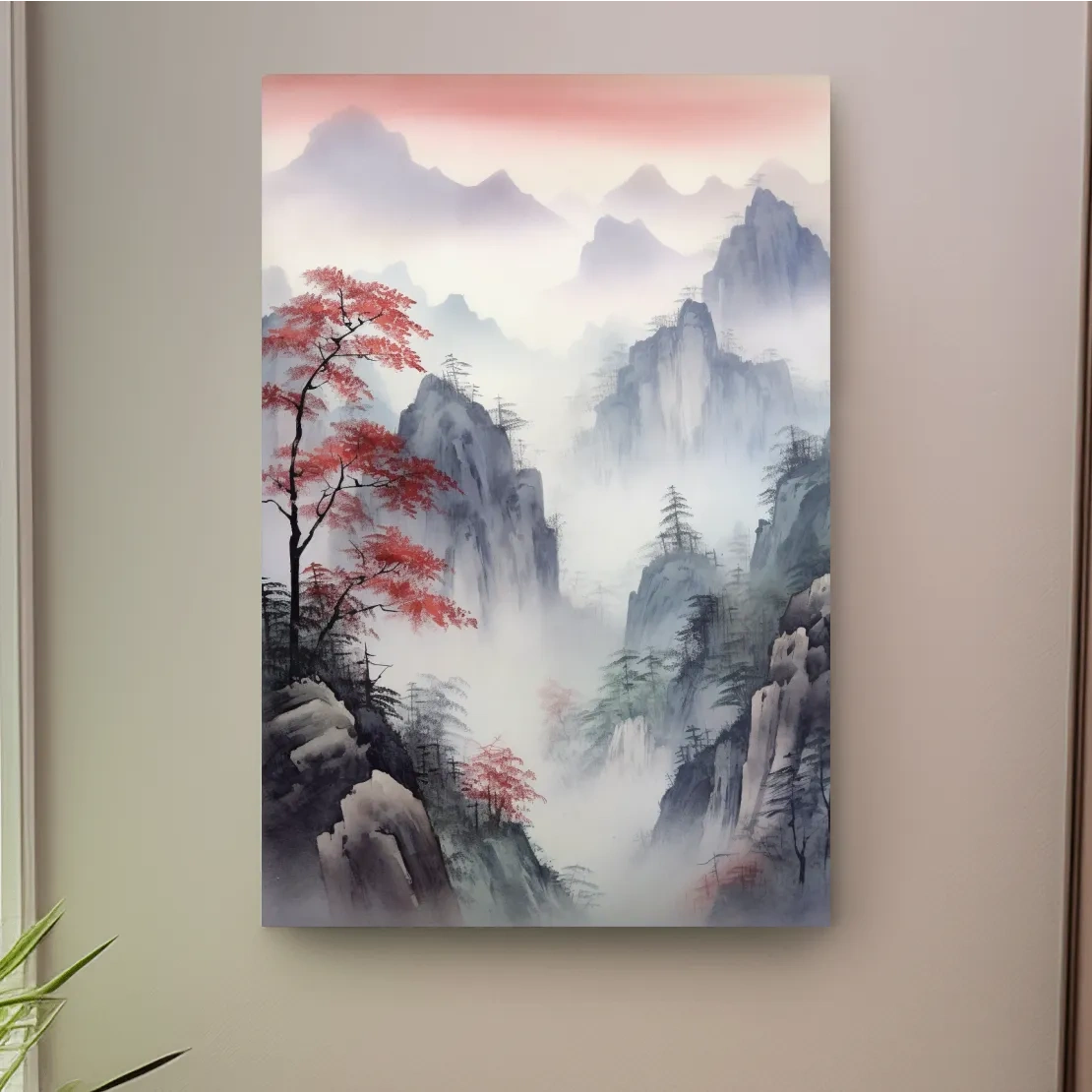 Chinese style ink wash watercolour painting of a foggy mountain scene