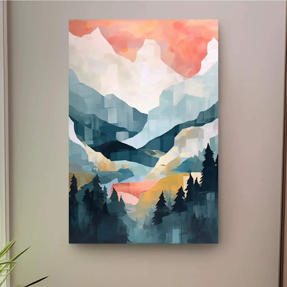 Abstract painting of alpine mountains and trees