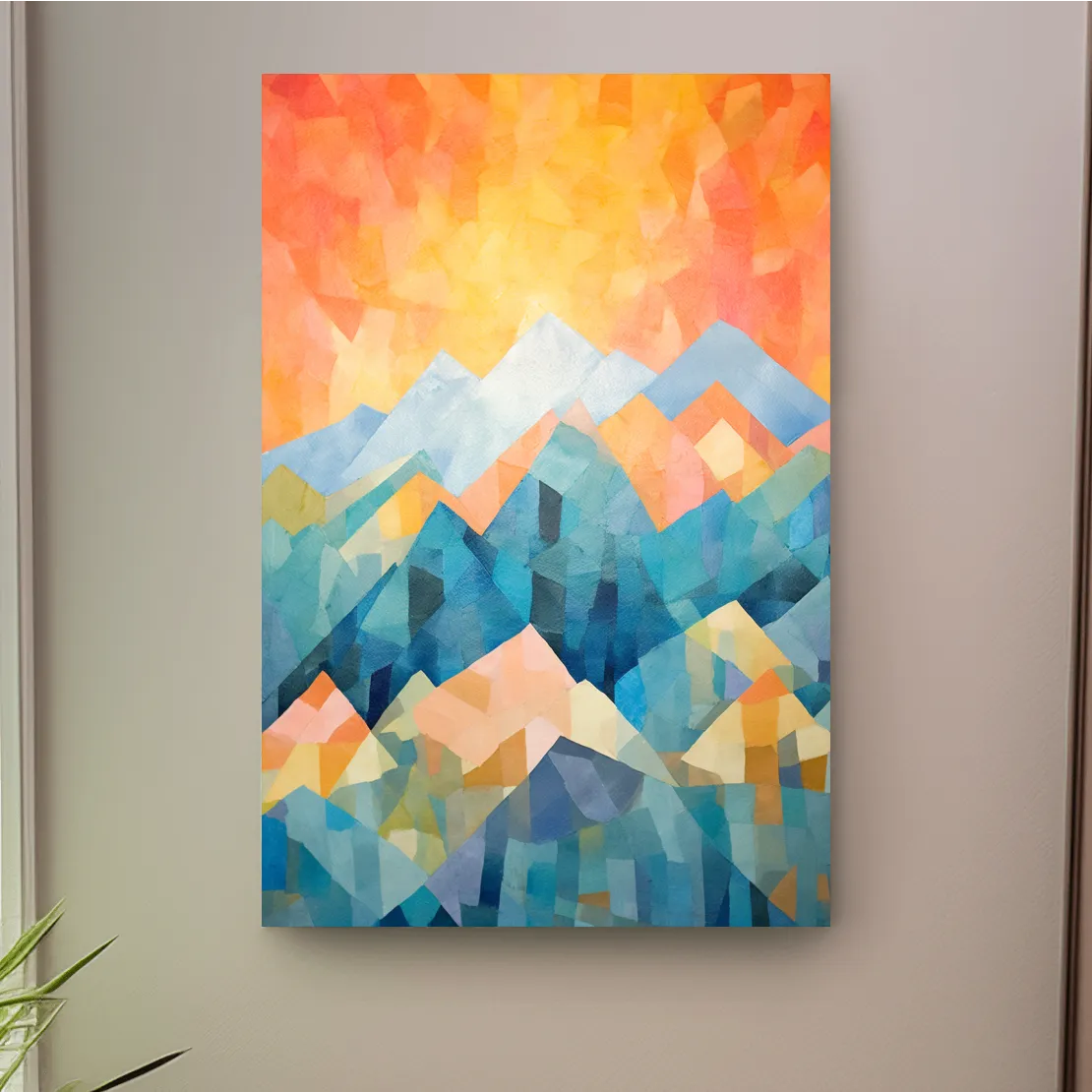 Abstract painting of a mountain scene at sunrise