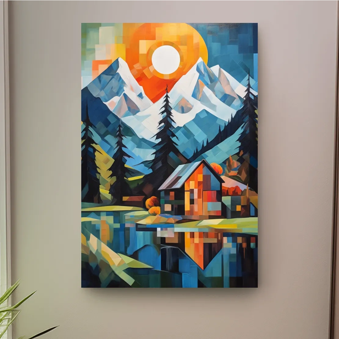 Abstract impressionist painting of a cabin by a lake and mountain at sunset
