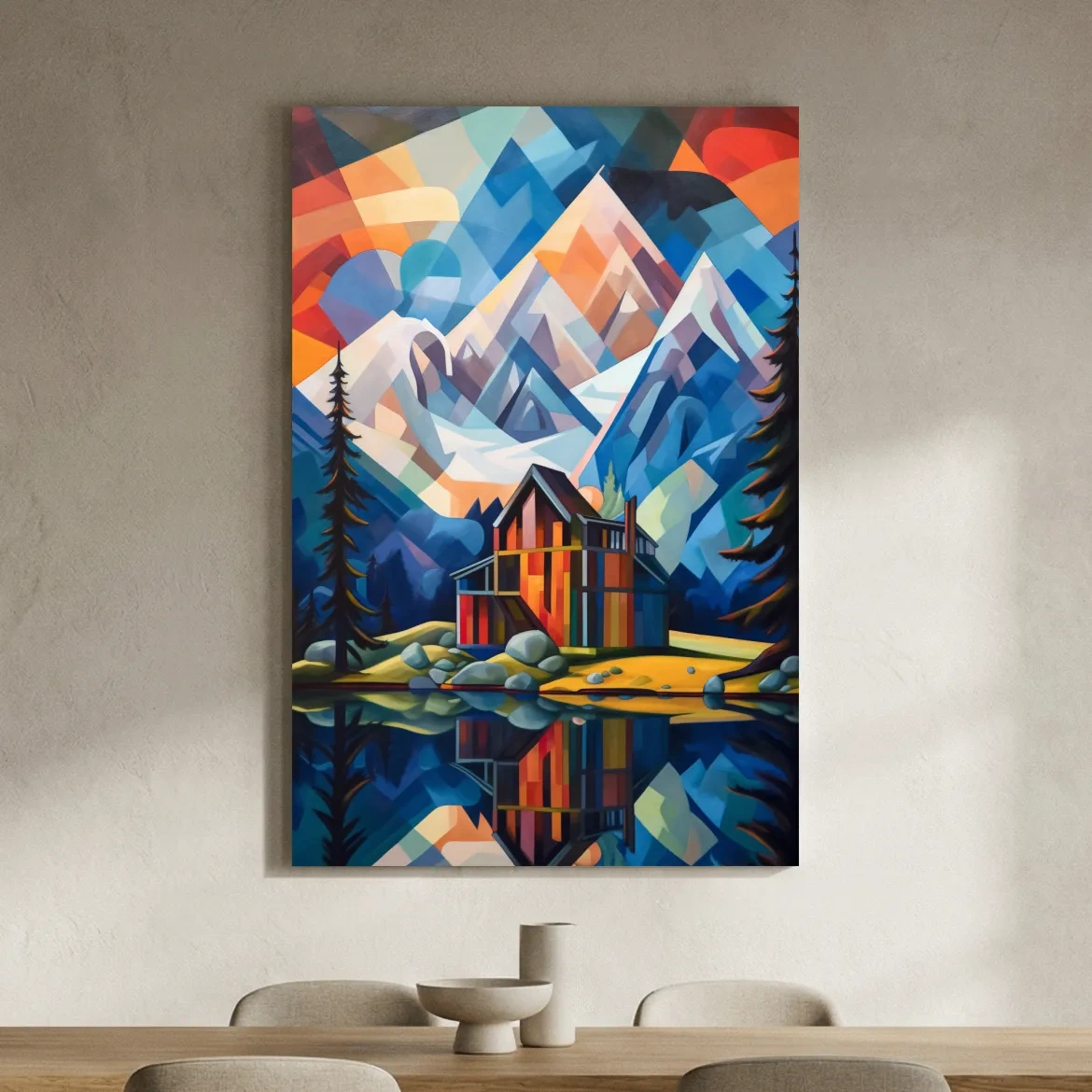 Vibrant Geometric Mountain Lake Cabin Painting - Abstract Alpine Wall Art