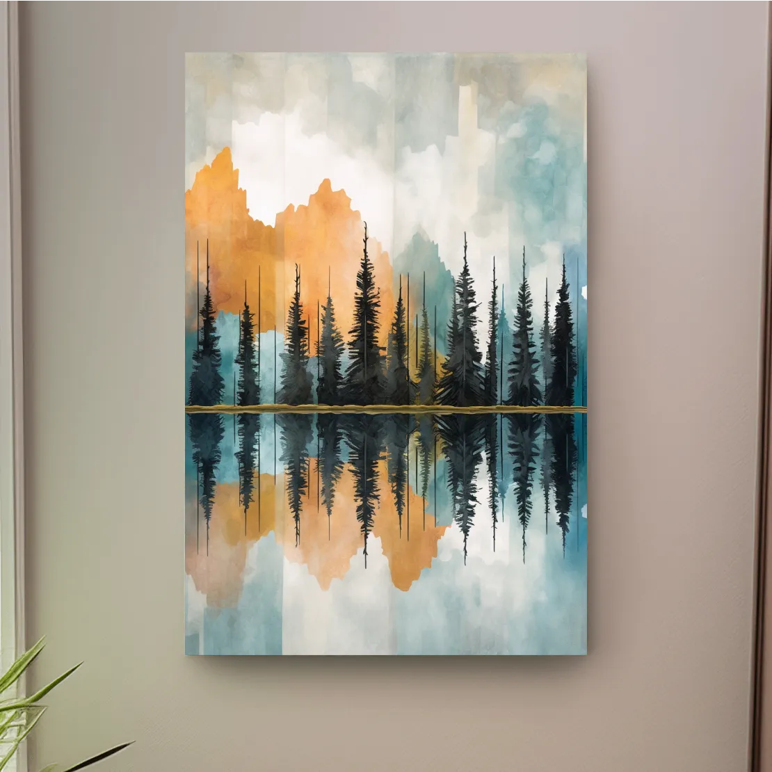 Abstract watercolour painting of trees along a lake