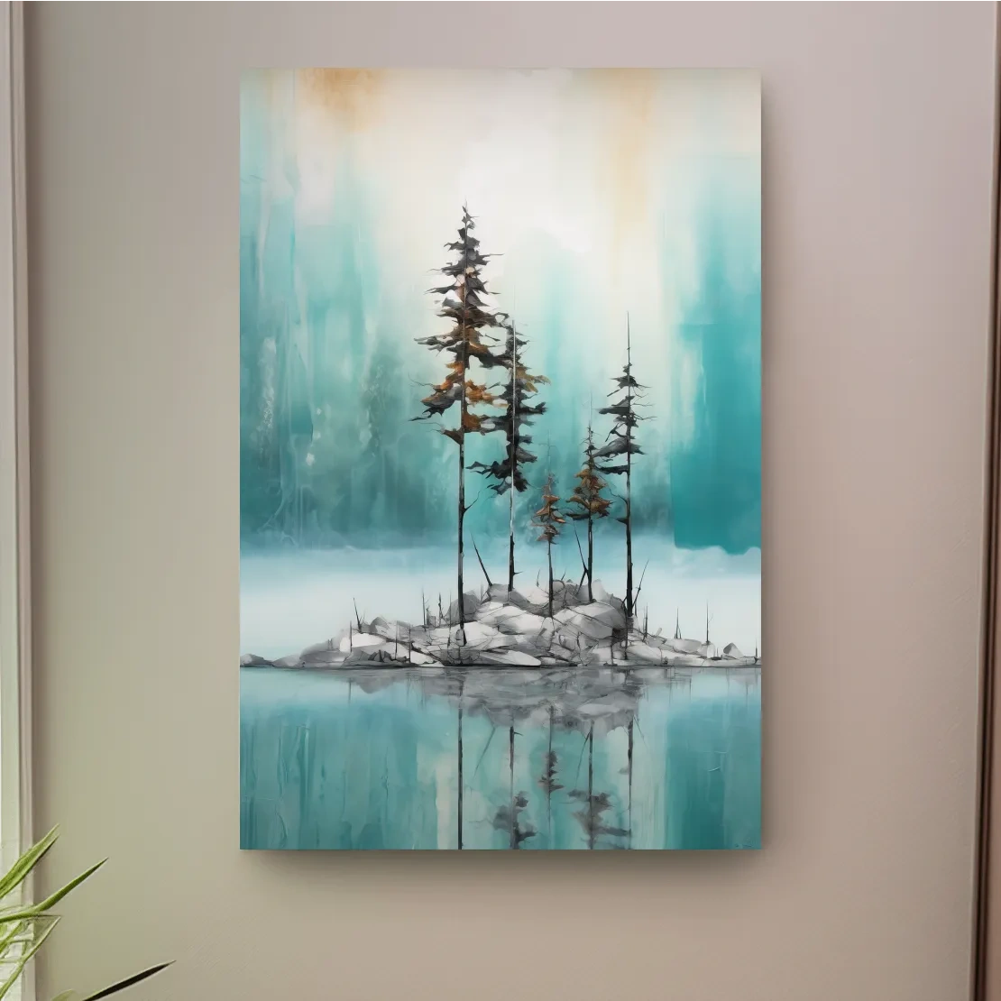 Abstract painting of trees by an alpine lake