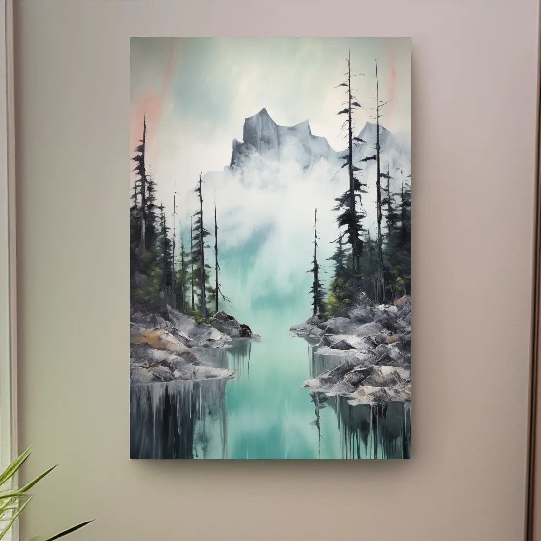 Misty Turquoise Alpine Lake Reflection - Watercolor Mountain Forest Wall Art
