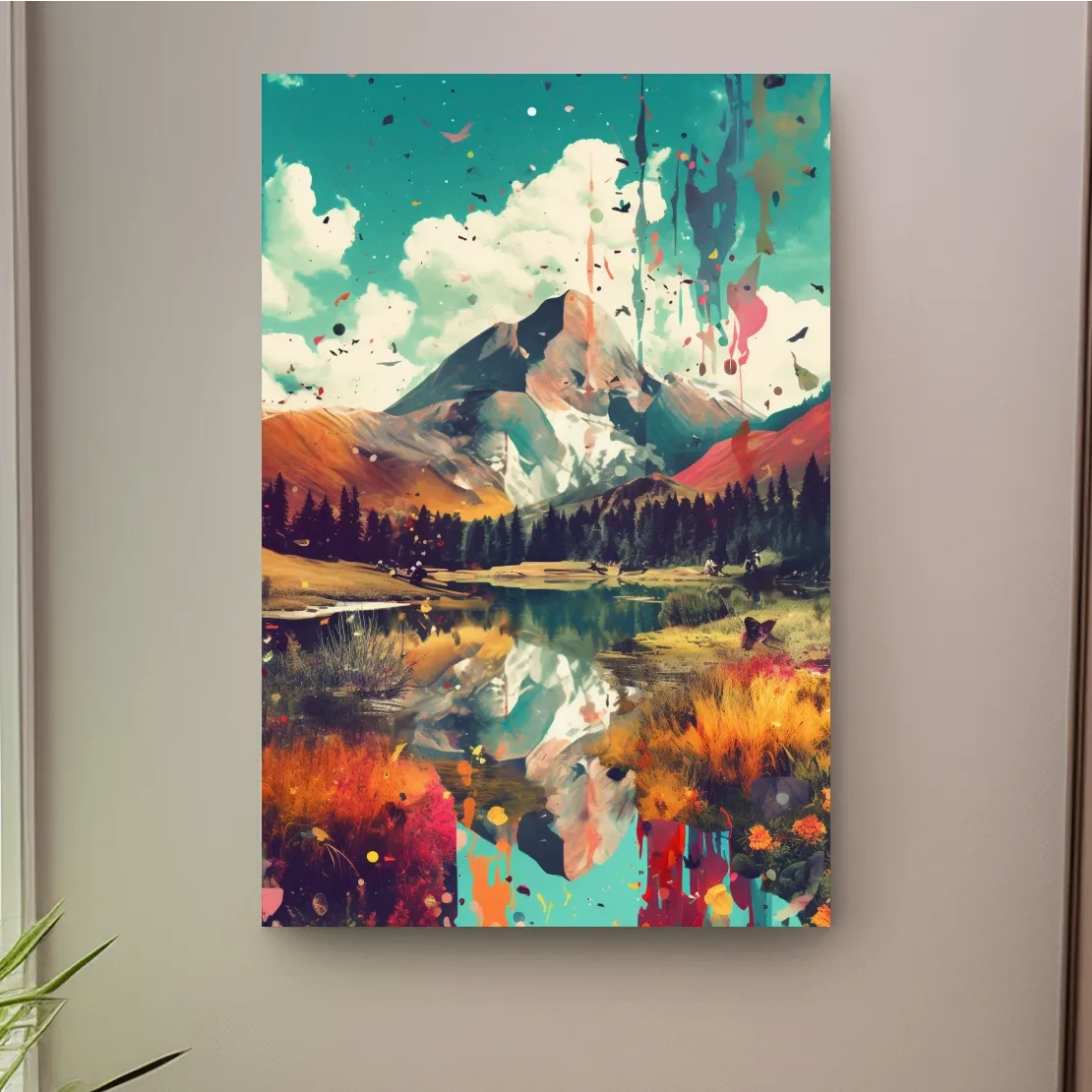 Colourful splattered abstract painting of a mountain and lake