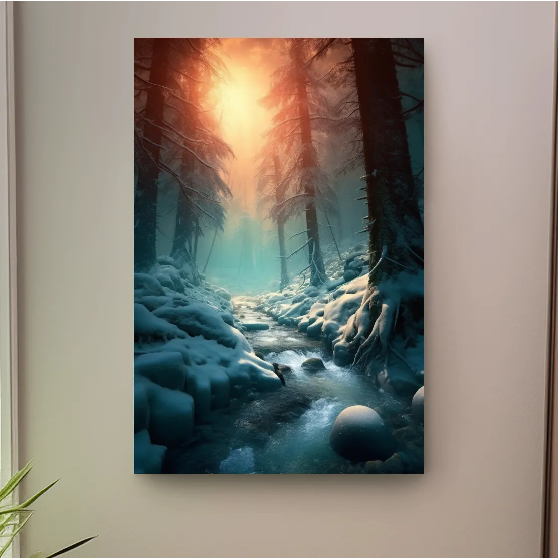 Photographic wall art, a stream running through the snow