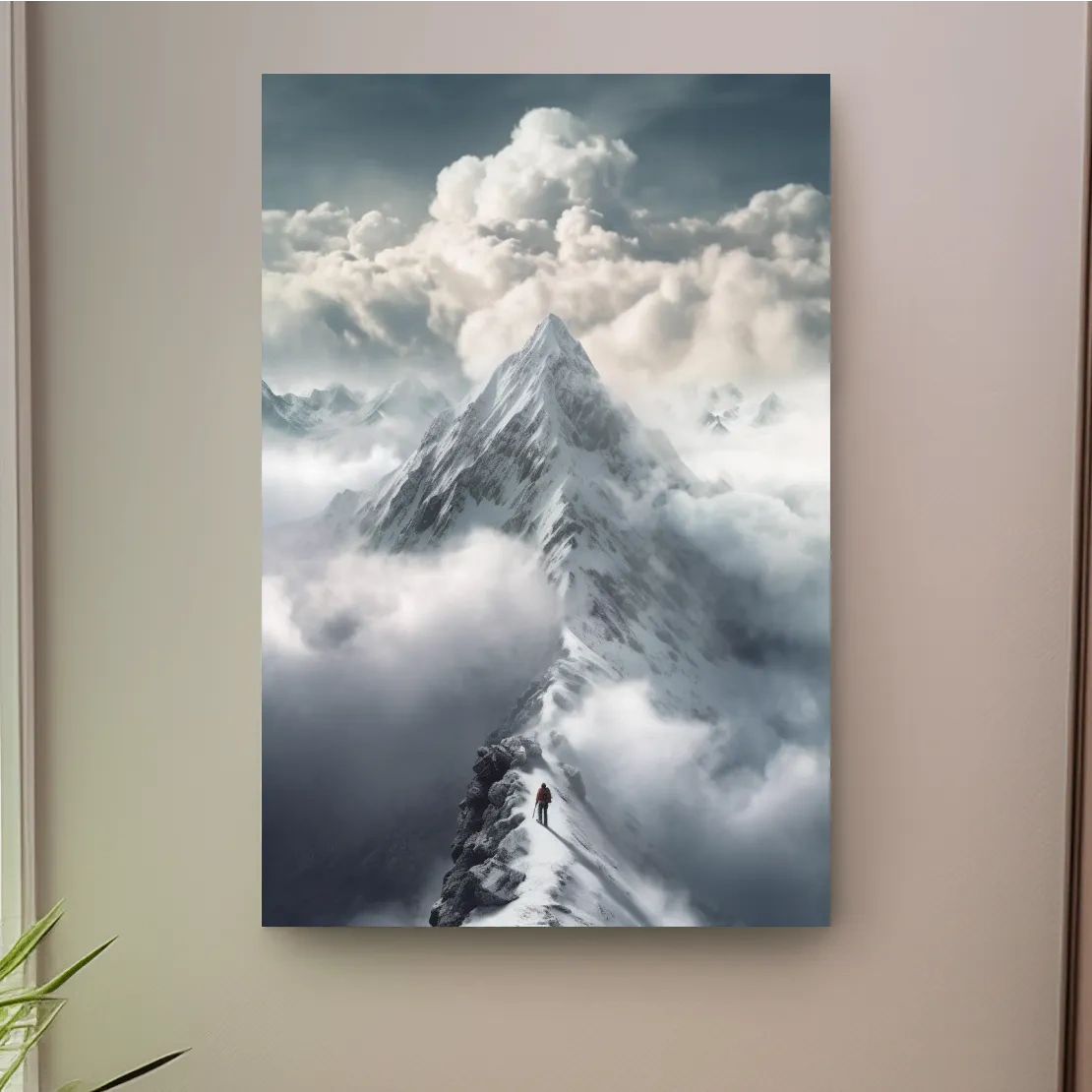 Painting of a person approaching the summit of a snowy mountain