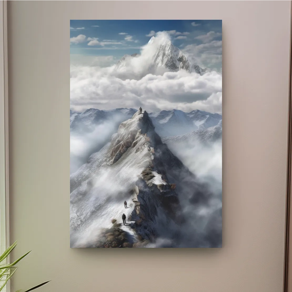 Painting of adventurers hiking up a ridge