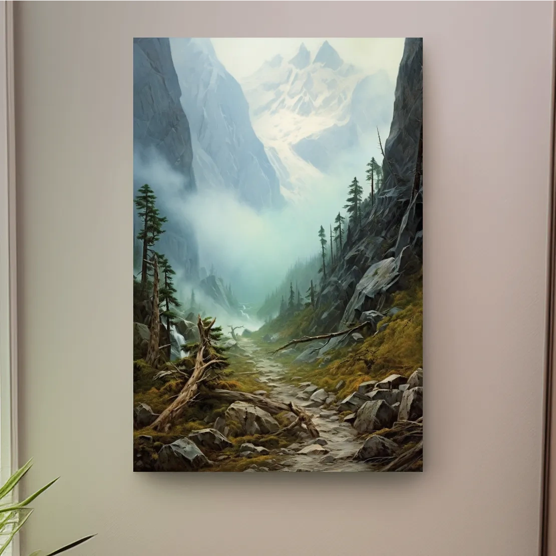 Misty Alpine Mountain Valley Painting - Foggy Pine Forest Wall Art