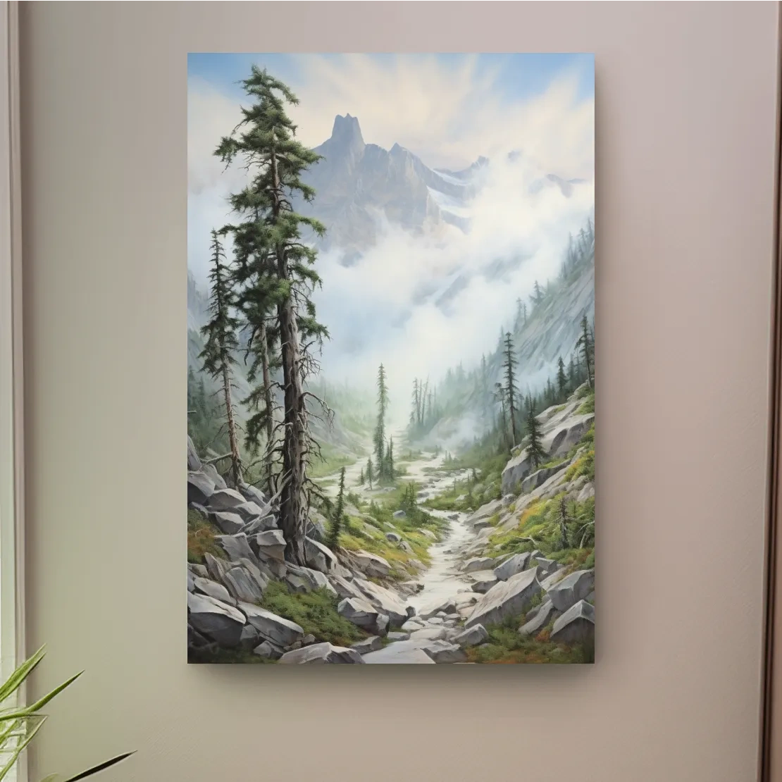 Painting of a trail leading into a foggy alpine scene