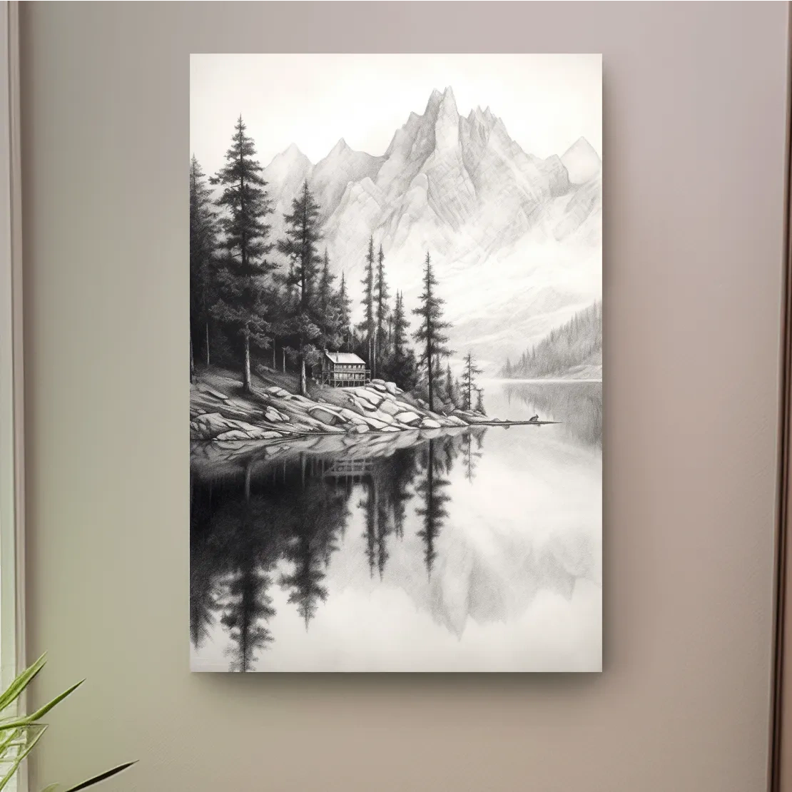 Lead pencil drawing of a cabin by an alpine lake