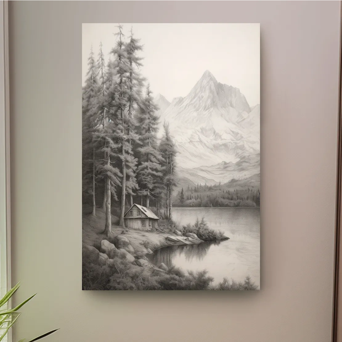 Lead pencil drawing of a cabin by an alpine lake