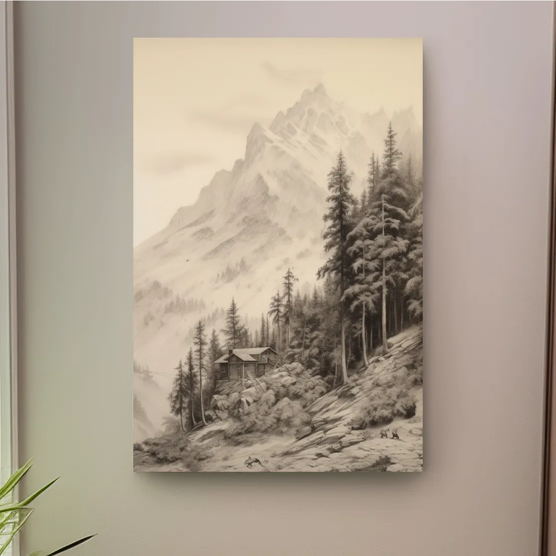 Lead pencil drawing of a cabin by a glacier