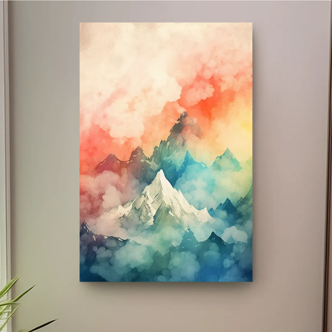 Colourful watercolour painting of a mountain landscape
