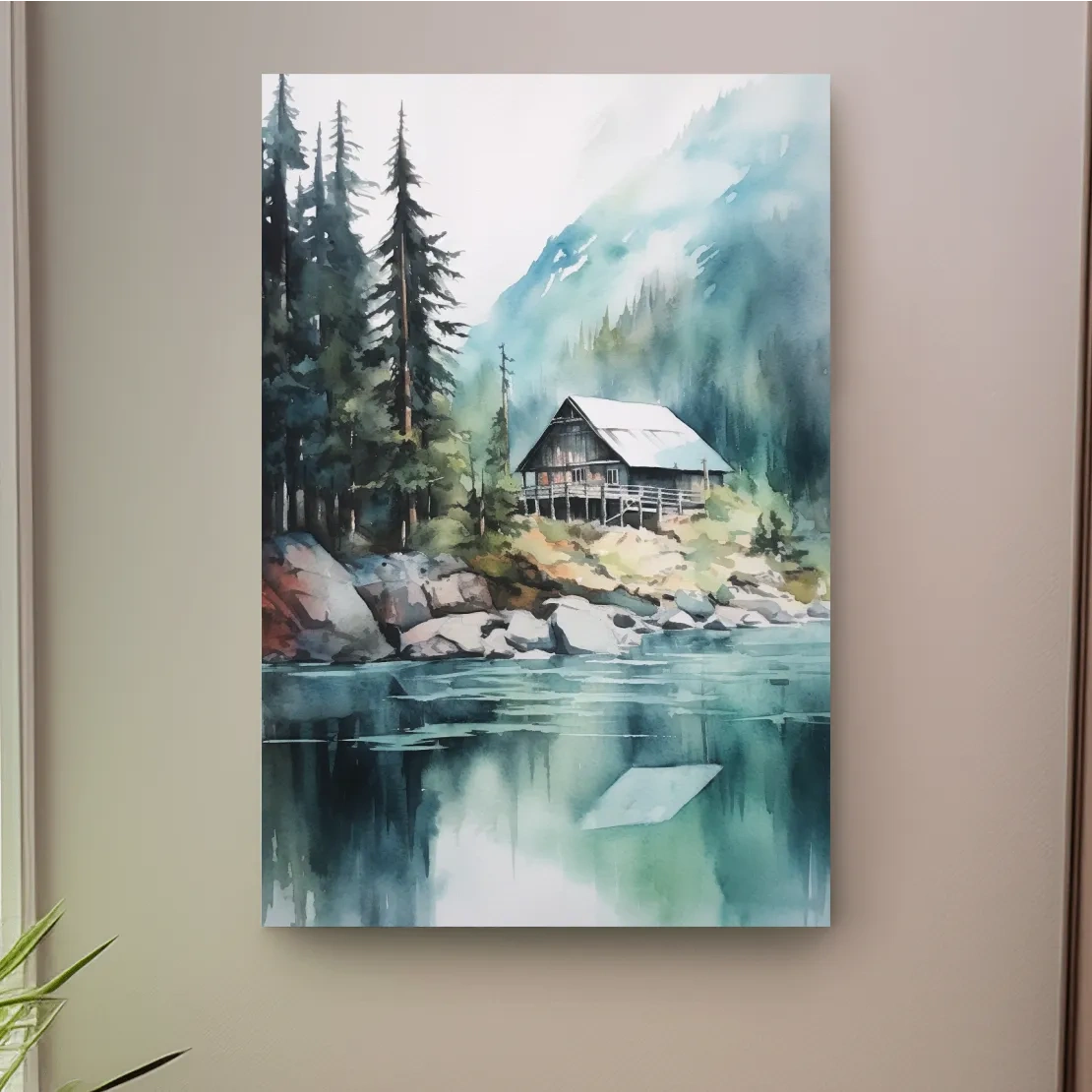 Watercolour painting of a cabin by a lake