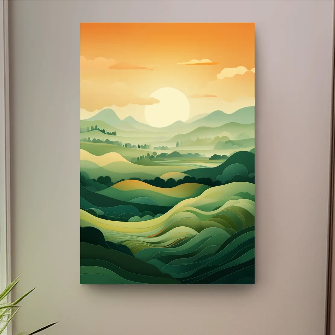 Illustration of rolling green hills at sunset