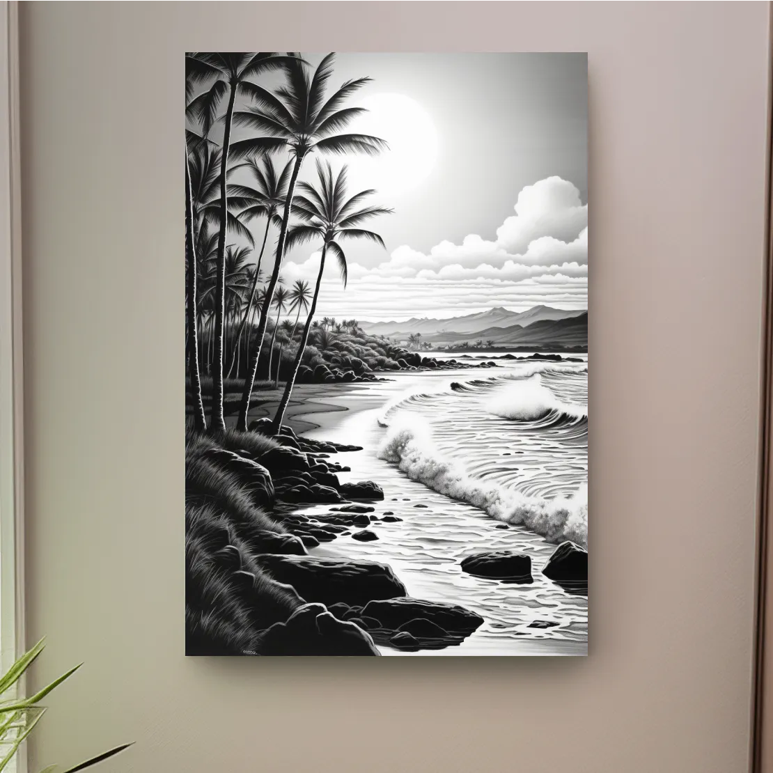 Black and white drawing of a tropical beach mountain scene