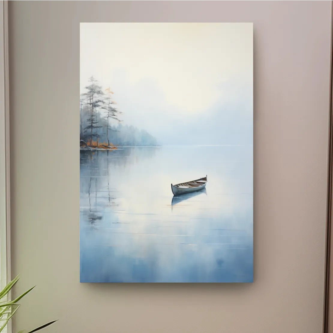 Watercolor painting, canoe on a misty lake