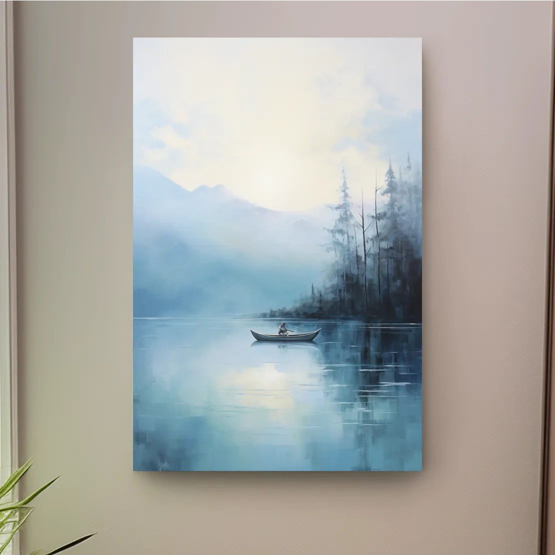 Painting of a fisherman on a torquoise lake