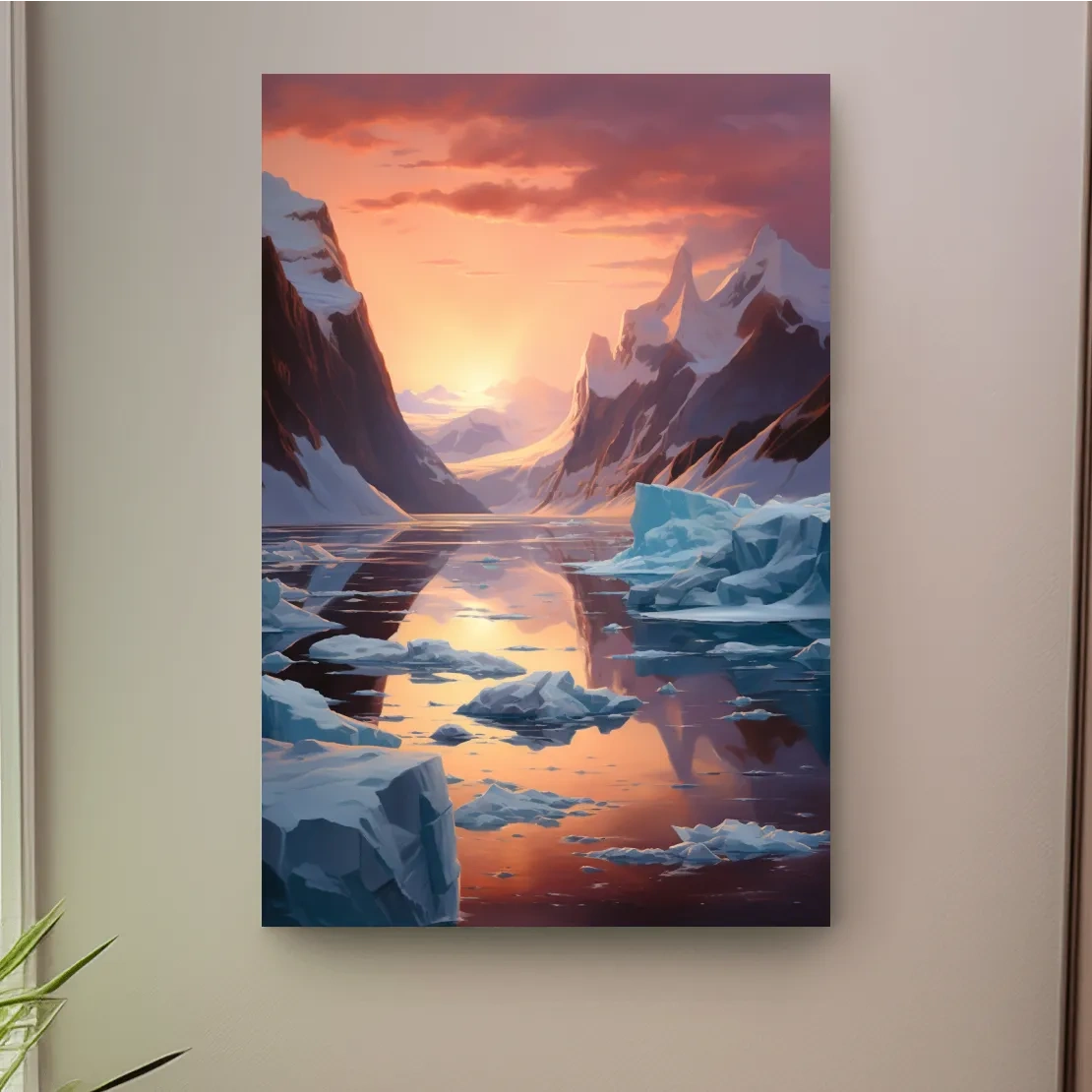 Beautiful surreal painting, sunset over the antarctic ice