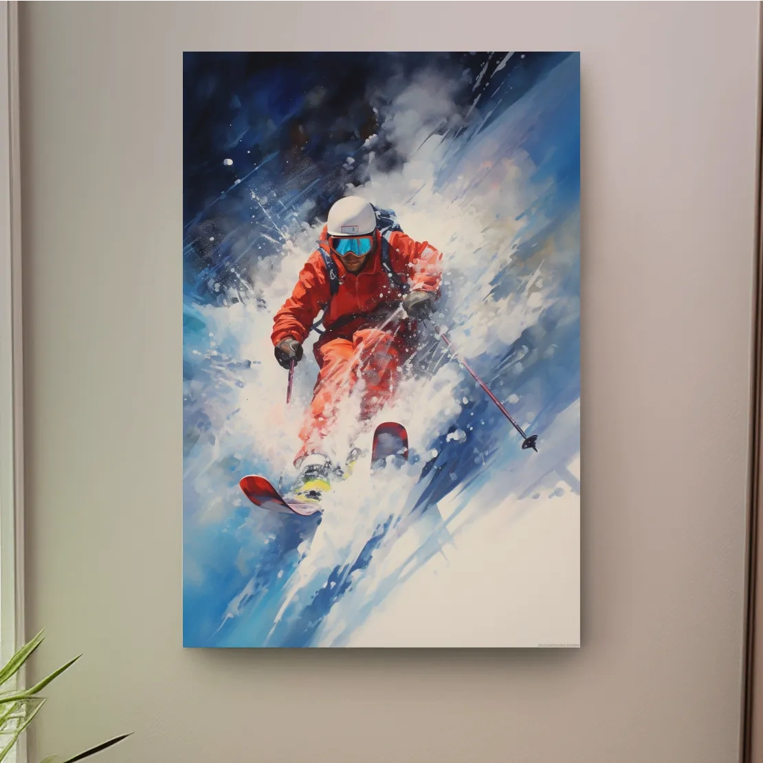 Dynamic painting of a skier exploding in powder
