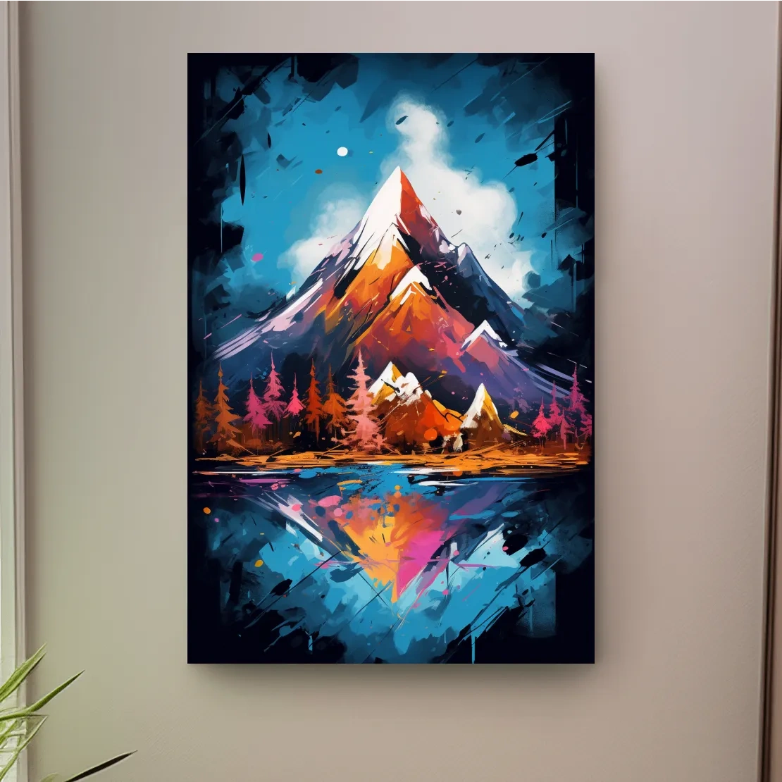 Vibrant Abstract Alpine Lake Painting - Colorful Mountain Forest Wall Art