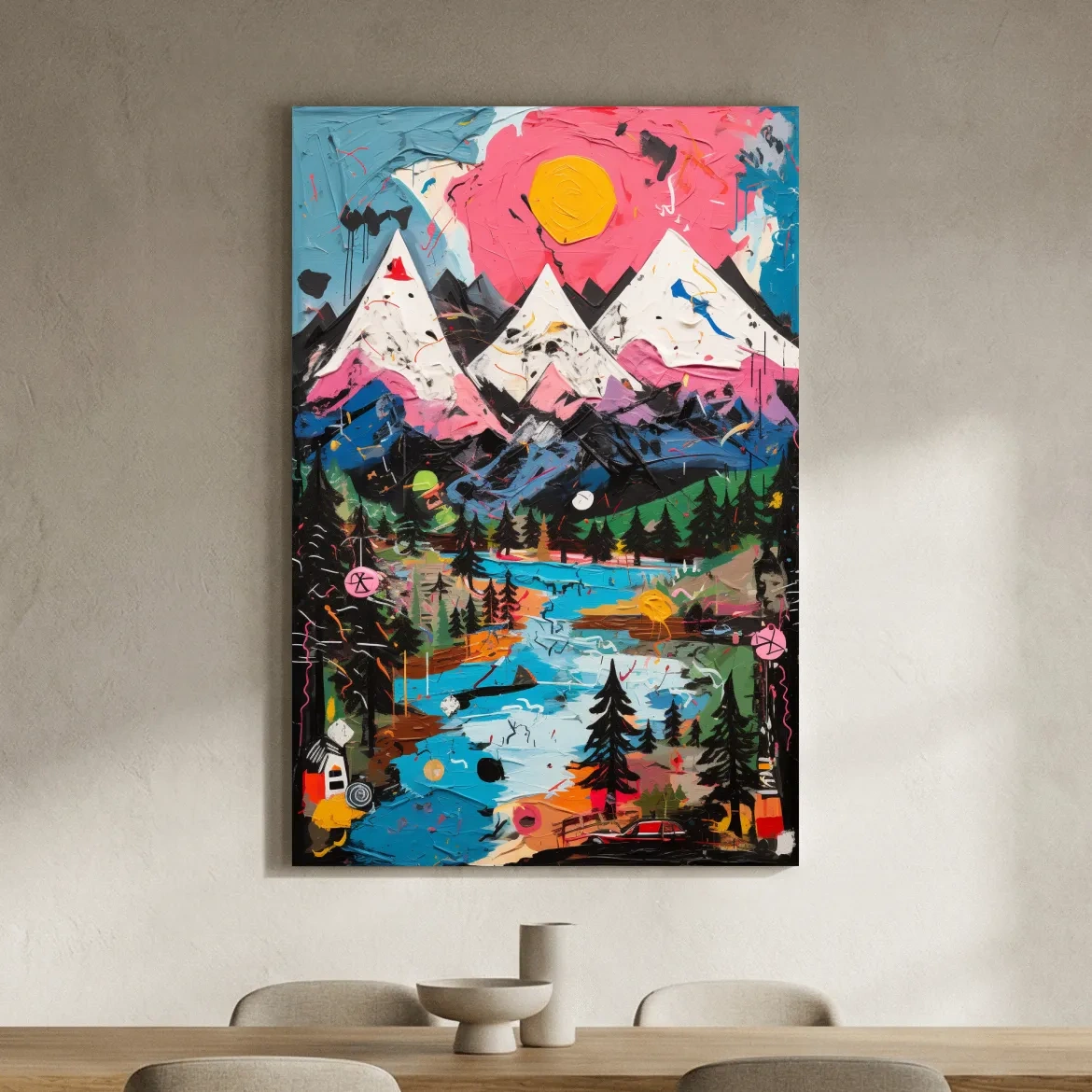 Vibrant Abstract Mountain Lake Sunset Painting - Colorful Modern Landscape Wall Art
