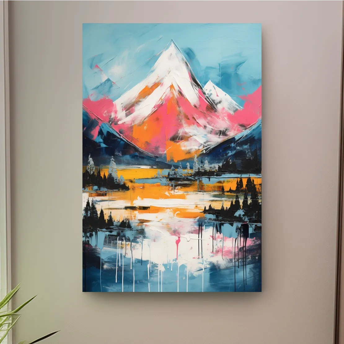 Bright painting of a snow capped mountain