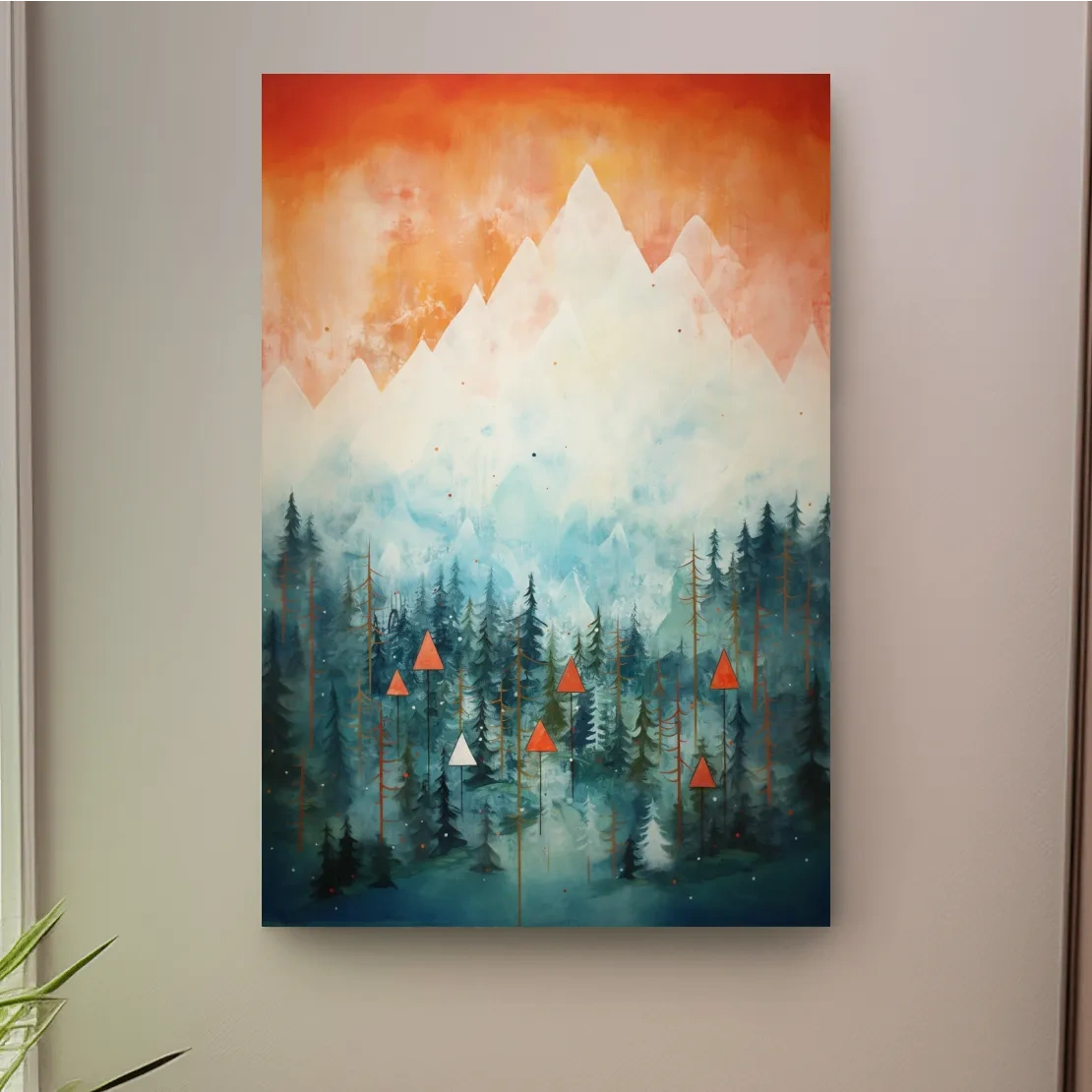Abstract painting of a forest in the mountains