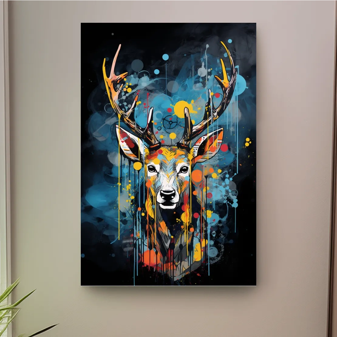 Deer head painting in a graffiti dripping style