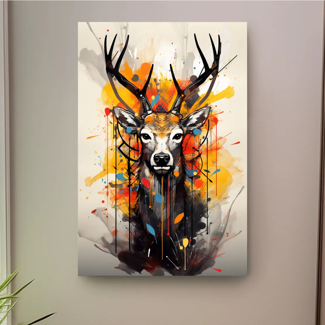 Abstract splattered painting of a deers head