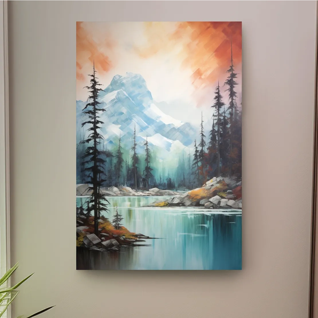 Turquoise Alpine Lake & Pine Forest Sunset Watercolor - Serene Mountain Landscape Wall Art