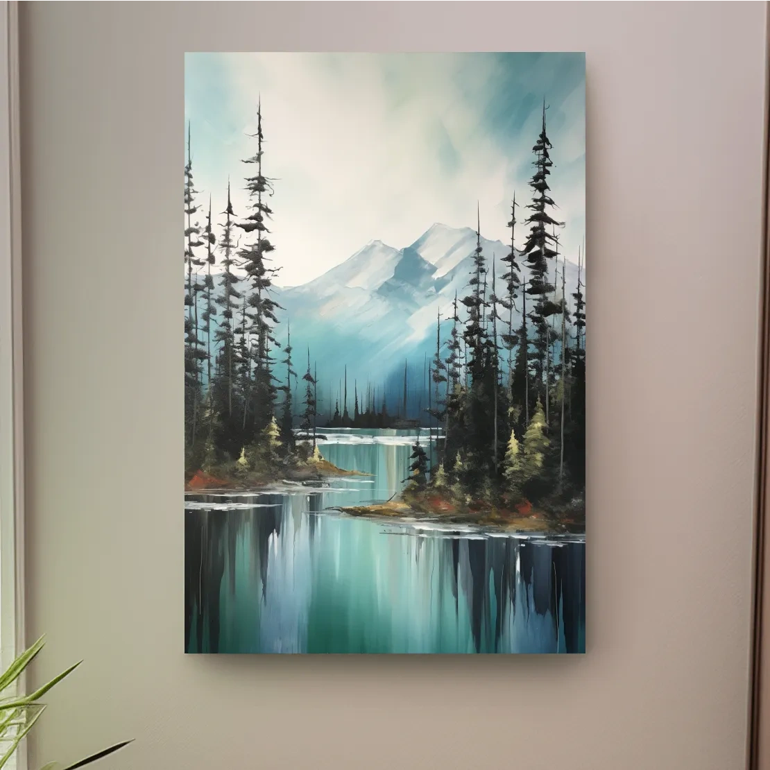 Serene mountain painting, turquoise lake in the alpine