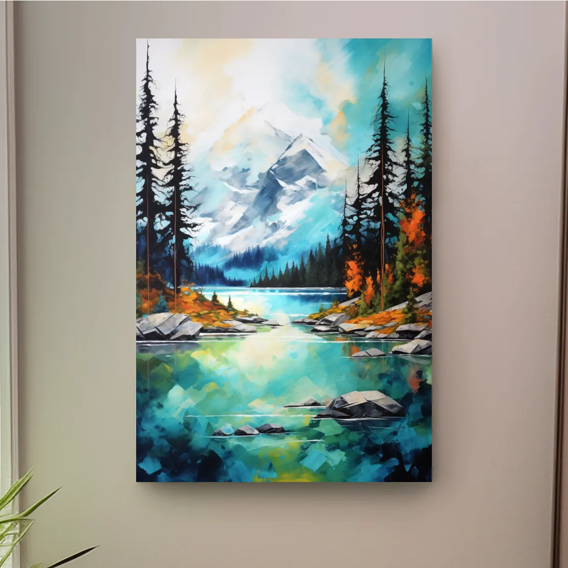 Torquoise alpine lake painting in the fall