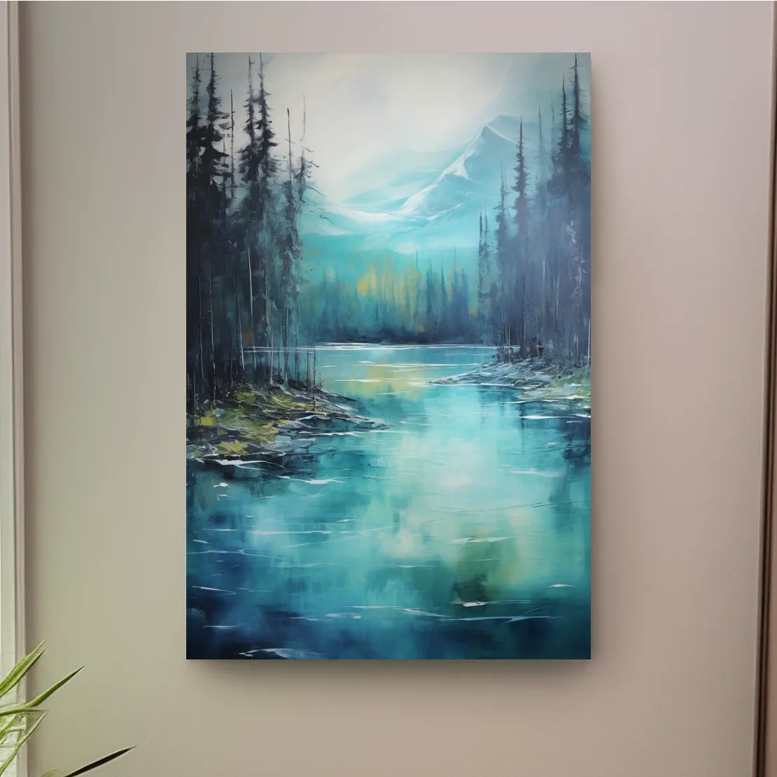 Thick oil painting, trees on a torquoise alpine lake