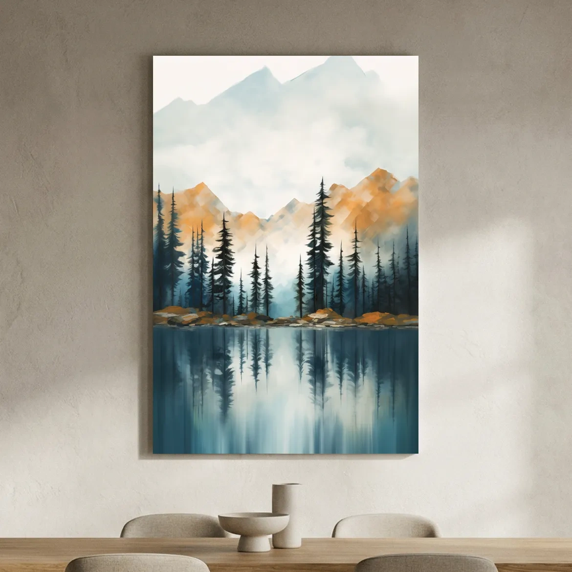 Misty Watercolor Mountain Lake Reflection - Serene Pine Forest Landscape Wall Art