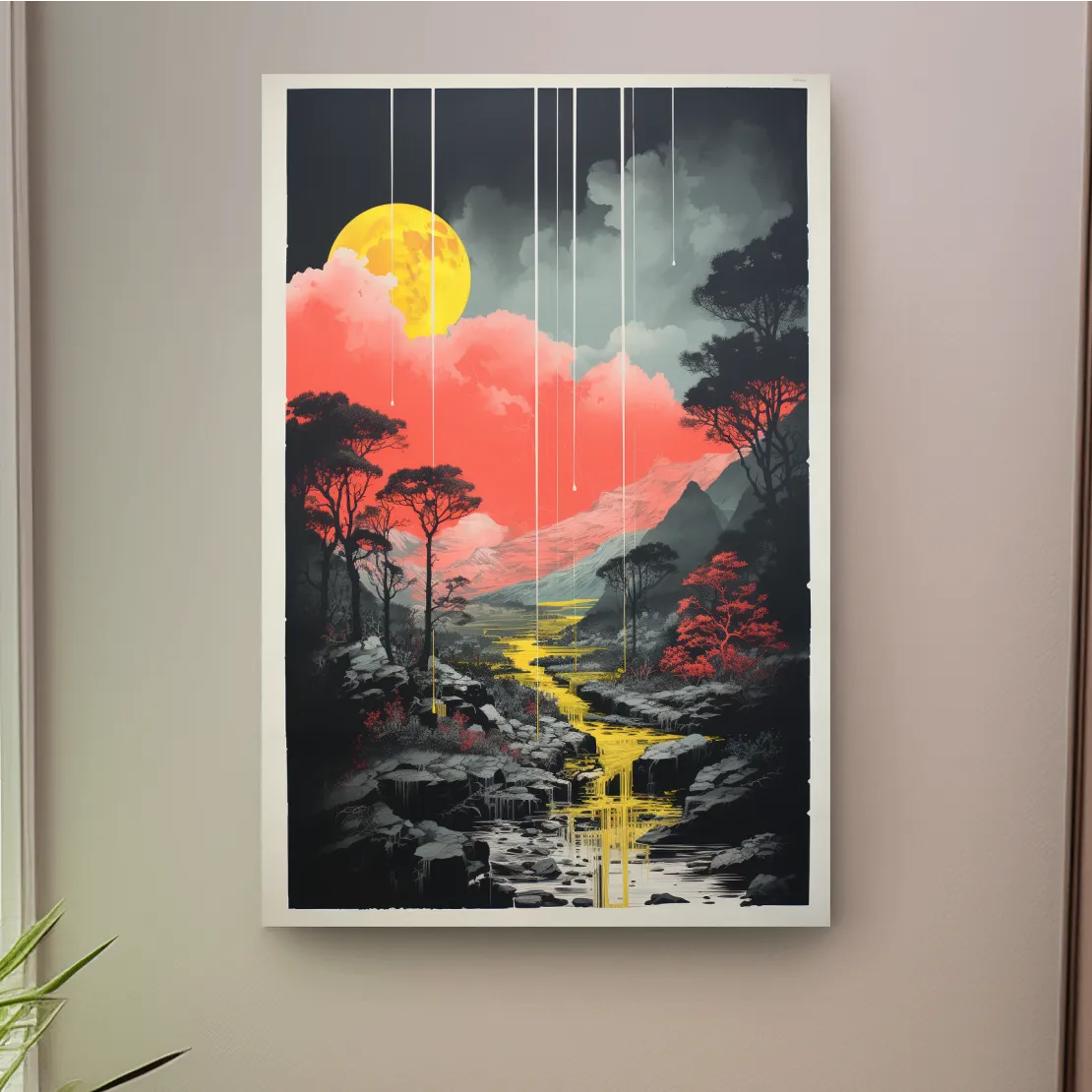 River running through the mountains, colourful illustration