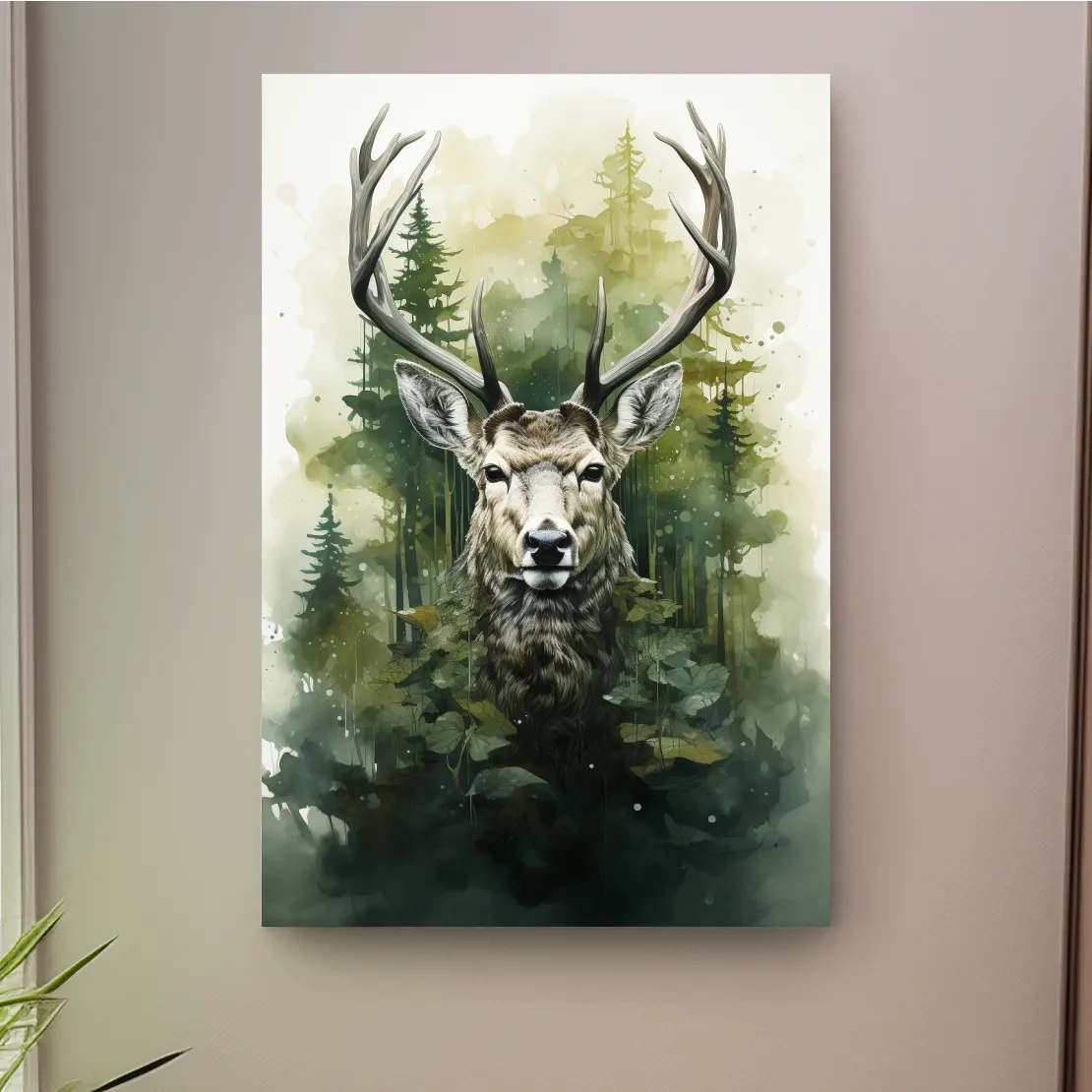 Watercolor Deer Portrait In Misty Pine Forest - Woodland Wildlife Wall Art