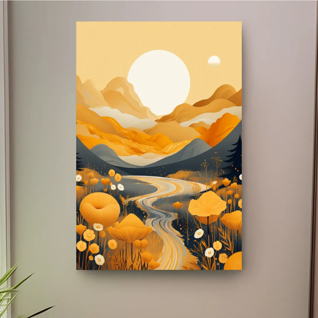 Bright illustration, river running through the meadows