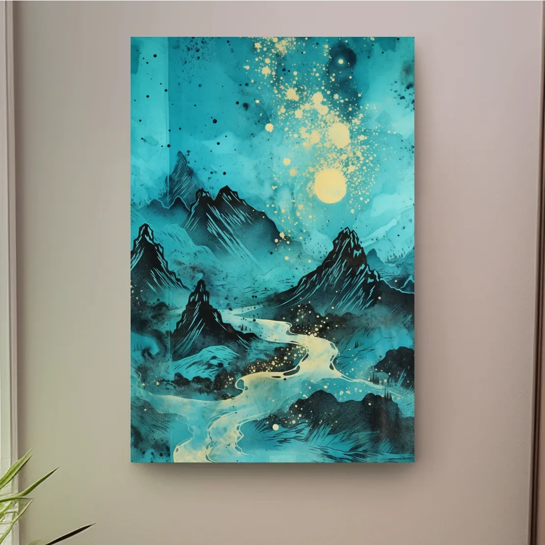 Abstract painting of a river through the mountains