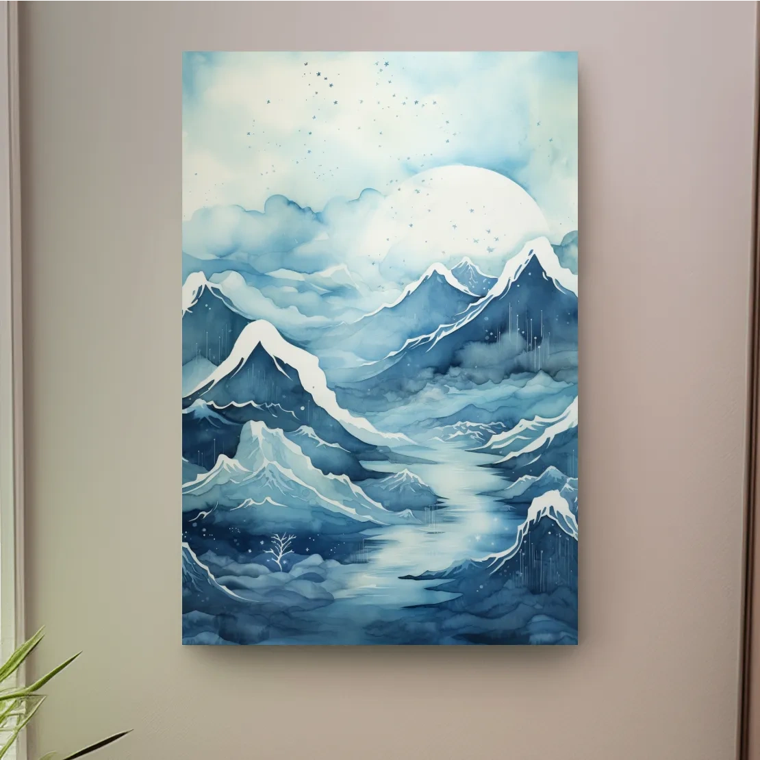 Watercolour painting, subtle blue snowy mountain peaks